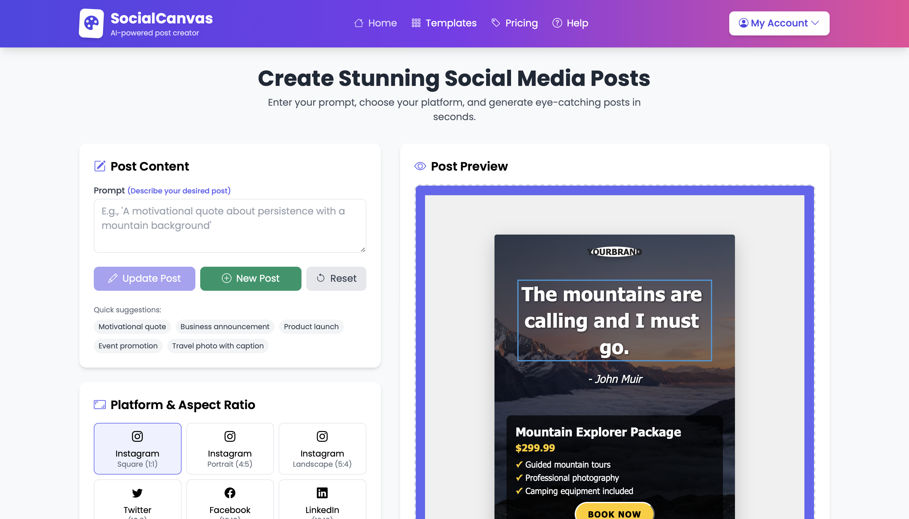 AI social media post generator - automated content creation tool for Instagram, LinkedIn, and Facebook posts with AI